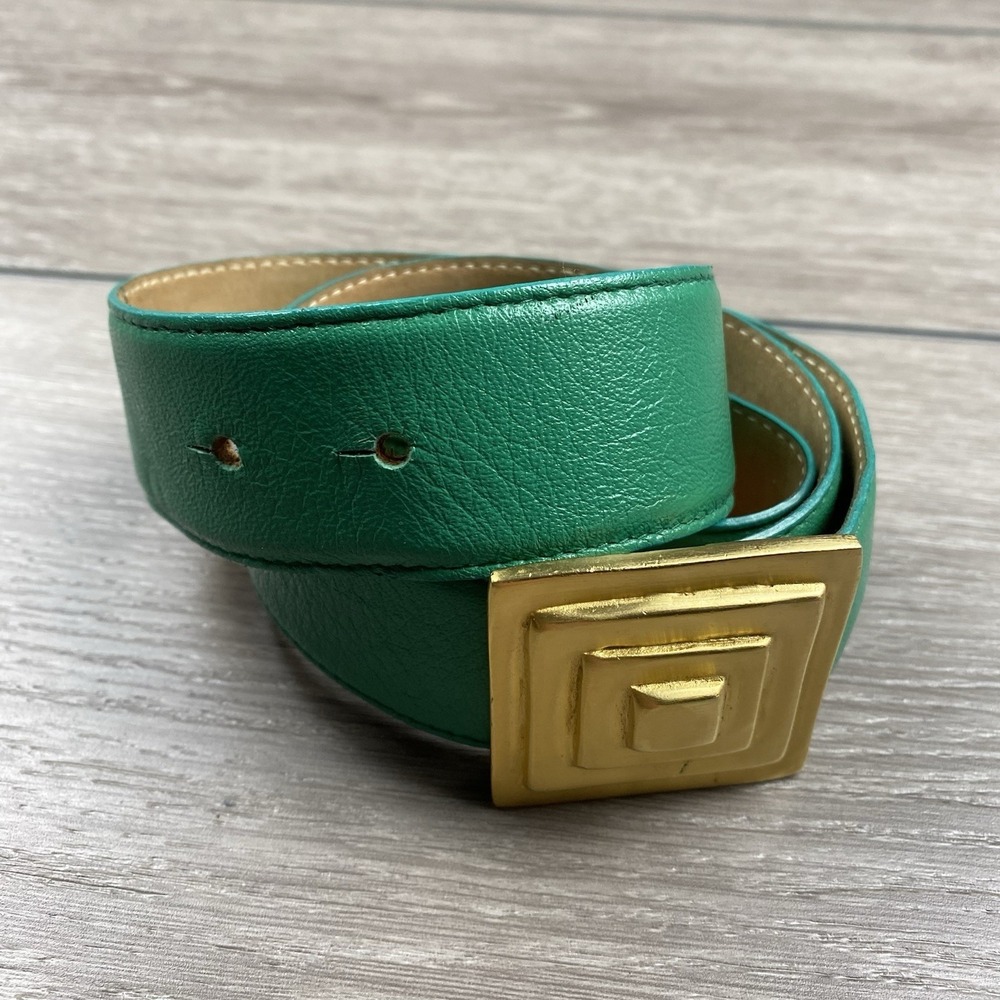 Donna Karen Women's Leather Belt Green Gold Square Buckle M/L Read